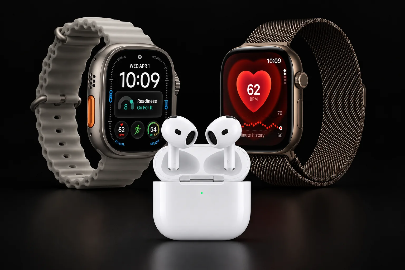 Справжні Apple Watch Series 12 та Apple Watch Ultra 4 на чорному тлі