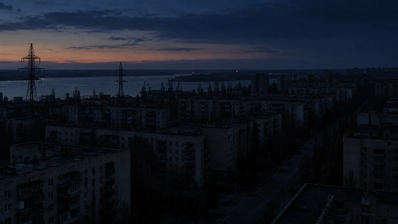 Ілюстрація вечірнього темного міста з вимкненим освітленням на тлі силуетів будівель