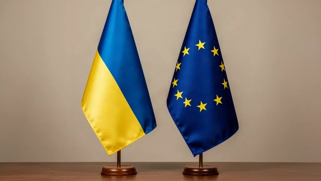 Флаги Украины и Европейского Союза перед залом официальных переговоров в Брюсселе