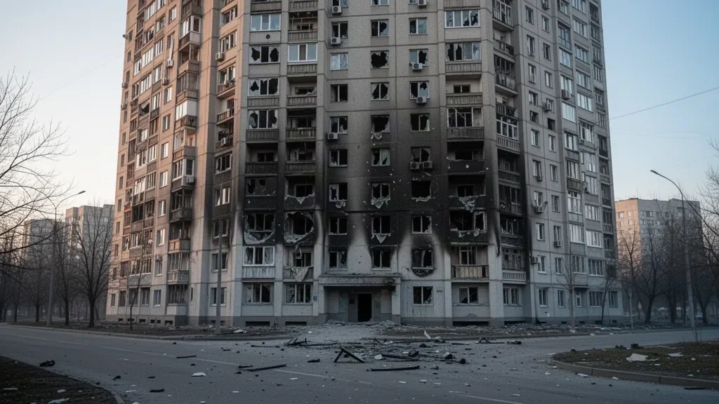 Пошкоджений фасад житлової багатоповерхівки з вибитими шибками та слідами кіптяви на верхніх поверхах вранці після обстрілу