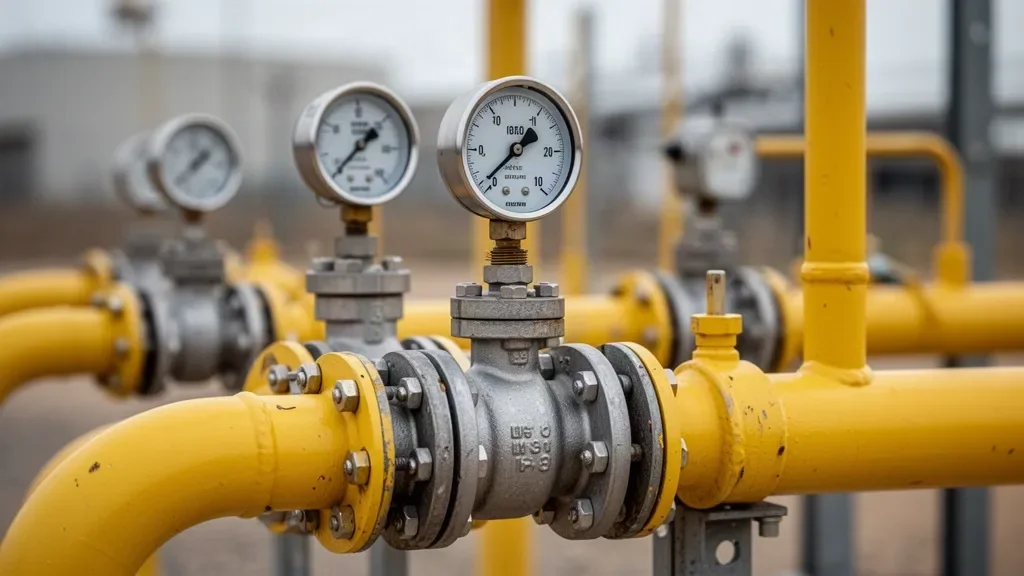 Металлические вентили промышленного газопровода и манометр на газовом узле крупным планом