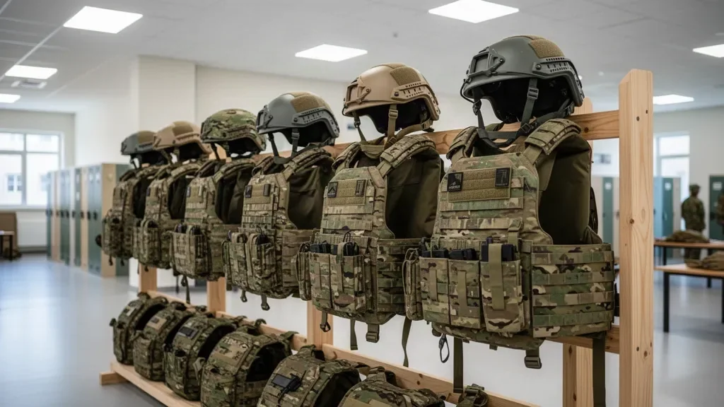 Военная тренировочная экипировка и каски на базе подготовки полигона