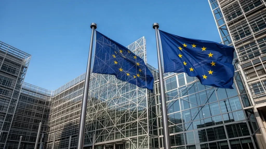 Будівля європейської фінансової інституції з прапором Євросоюзу перед фасадом
