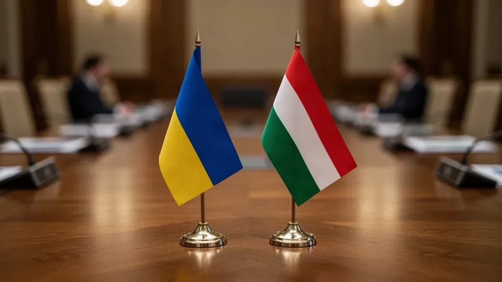 Два флага — Украины и Венгрии — рядом на столе переговоров