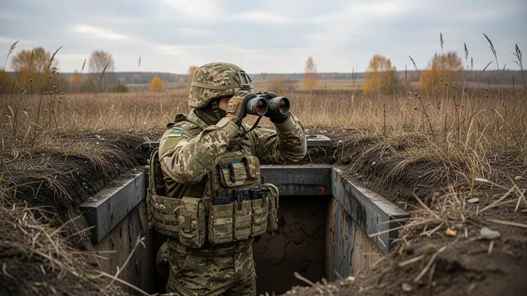 Український військовий спостерігає за полем бою крізь бінокль на захисній позиції