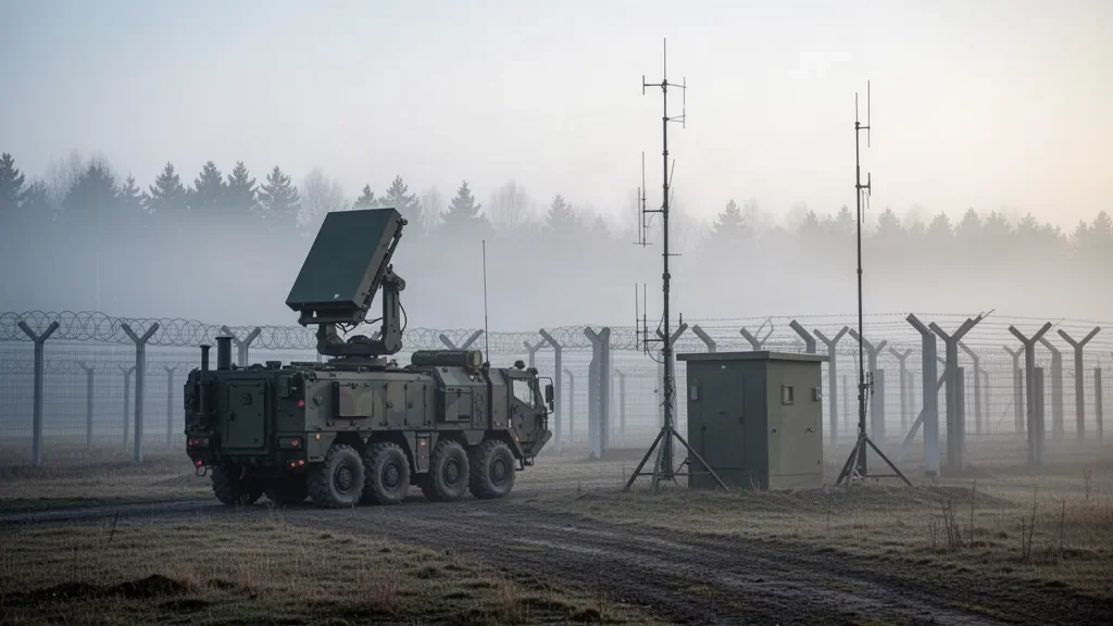 Польский флаг рядом с пограничным знаком и радаром на восточной границе