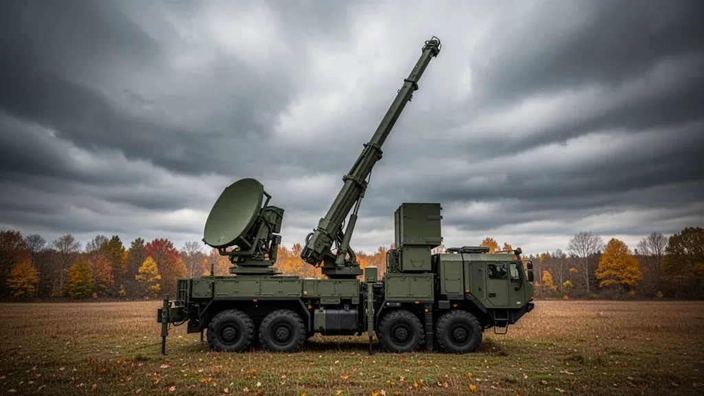 Военный мобильный радар противовоздушной обороны на телескопической мачте во время дежурства в поле