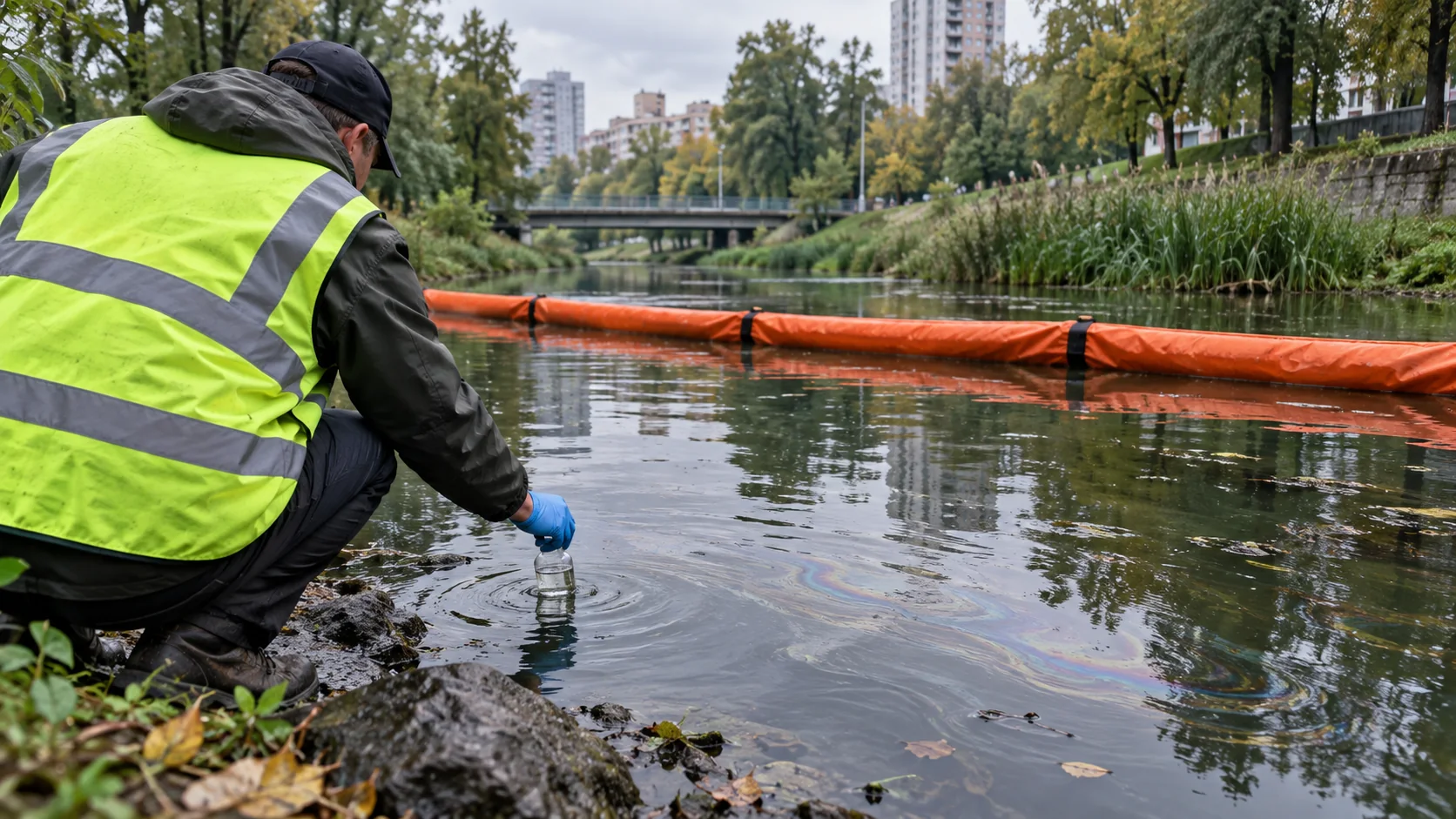 Працівник у світловідбивному жилеті бере пробу води біля загороджувального бона на міському струмку; ШІ-ілюстрація