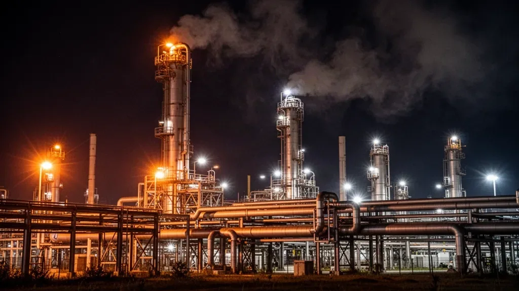 Огни нефтеперерабатывающего завода с высокими колоннами ректификации и резервуарами на фоне темного неба