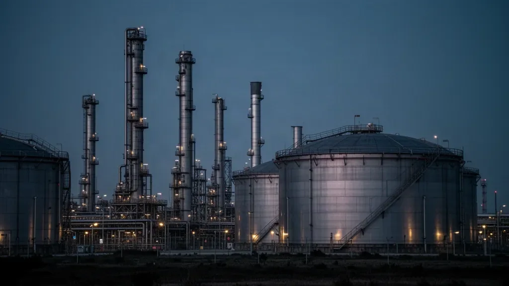 Металлические трубы и резервуары нефтеперерабатывающего завода в сумерках