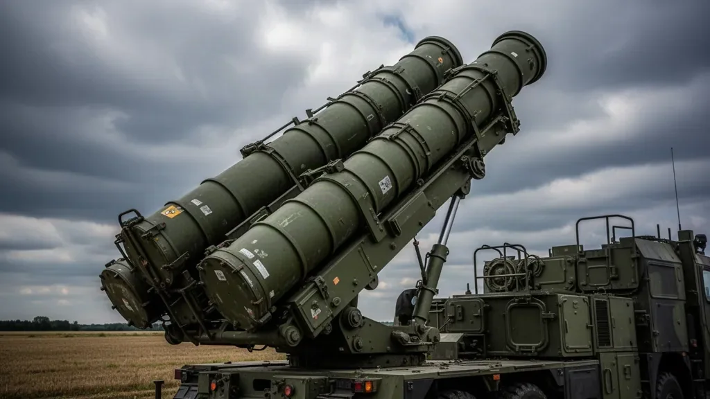 Пускова установка зенітно-ракетного комплексу ППО з контейнерами ракет у полі