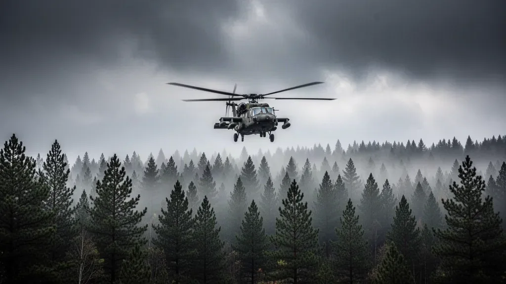 Військовий вертоліт на низькій висоті на тлі хмарного неба над лісовим кордоном