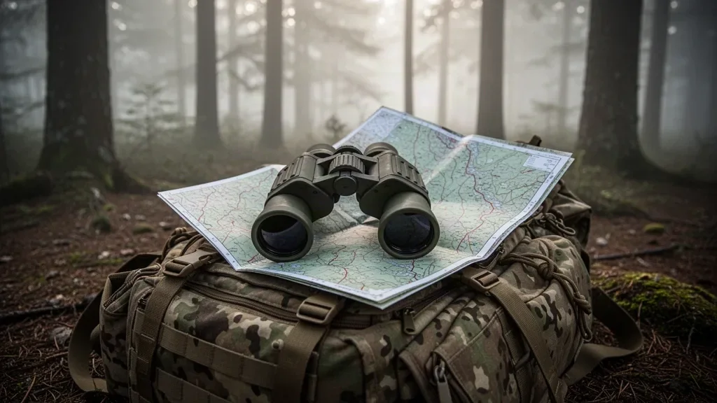 Военный бинокль и топографическая карта на фоне экипировки украинских военных