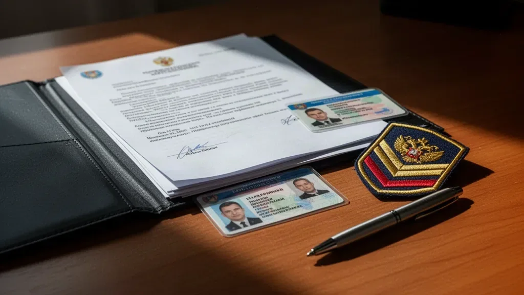 Папка с военными документами, шеврон и паспорт на рабочем столе
