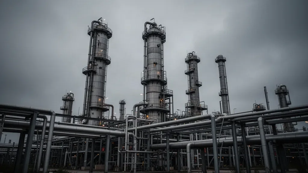 Промислові металеві труби та колони нафтопереробного комплексу на фоні похмурого неба
