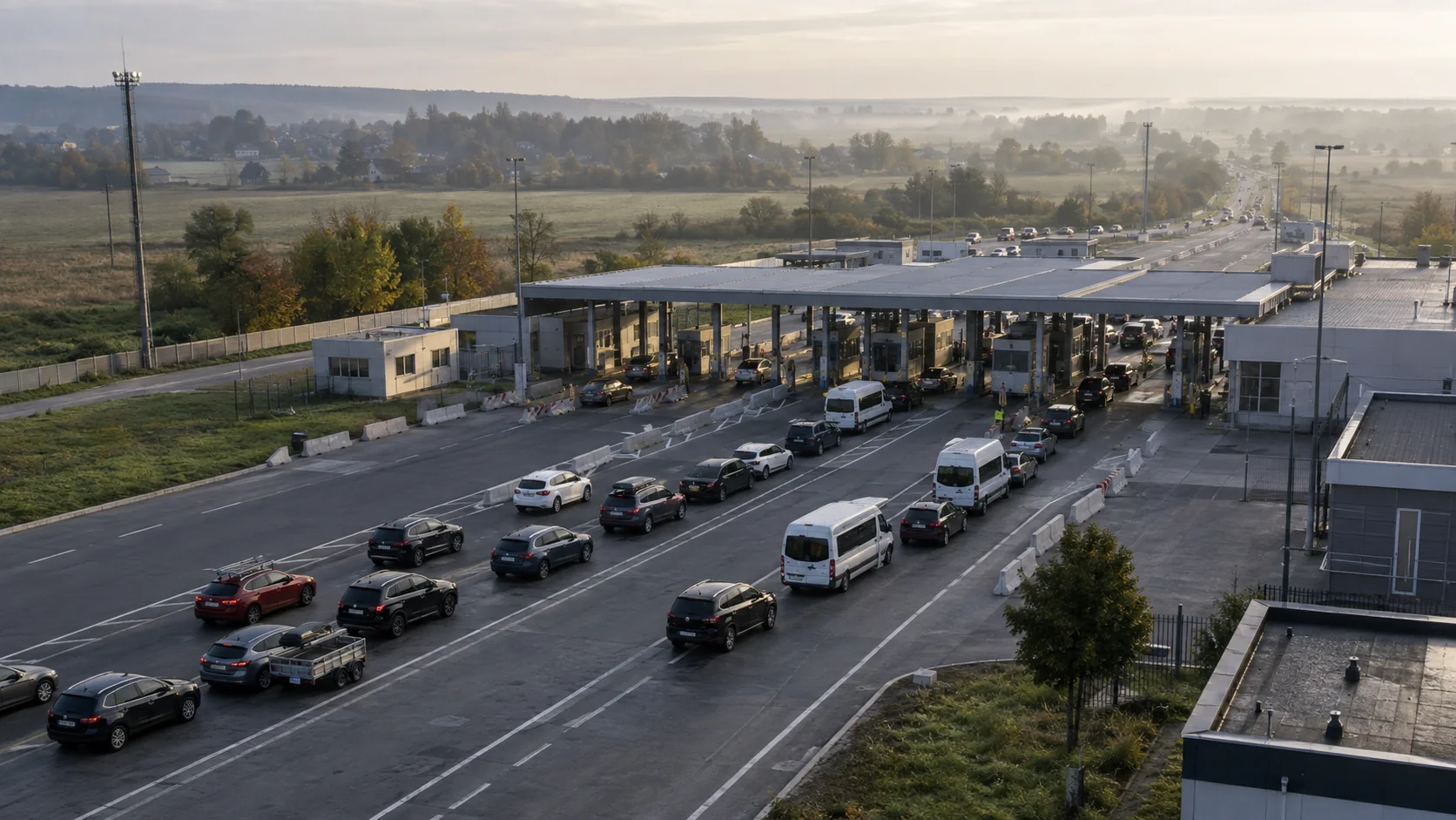 Черга легкових автомобілів біля смуг контролю на прикордонному пункті пропуску восени