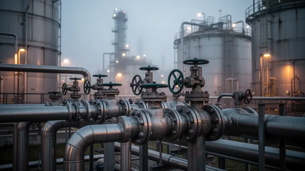 Промислові металеві труби та резервуари нафтопереробного заводу крупним планом