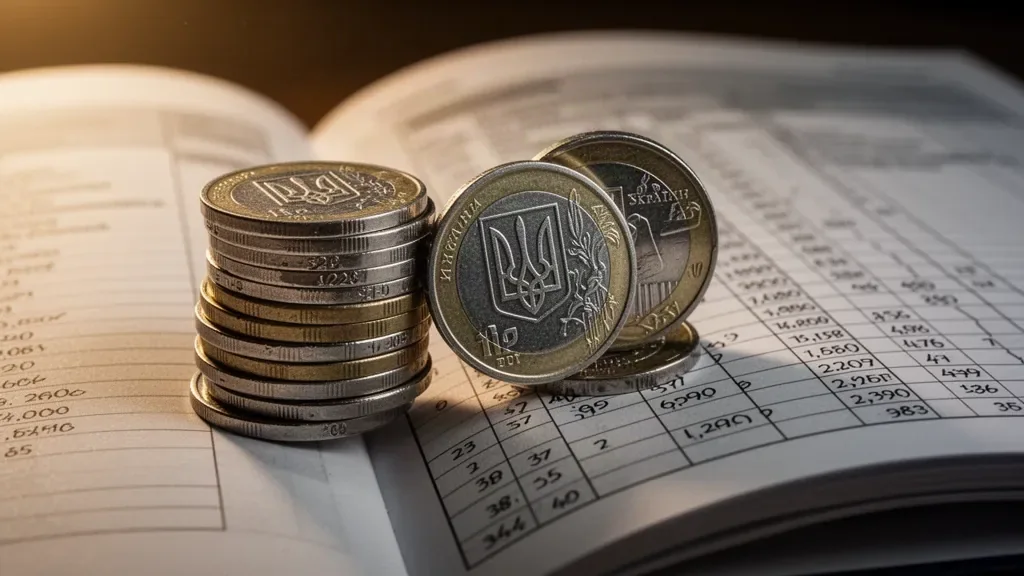 Монеты гривны и финансовые расчетные документы на столе банка