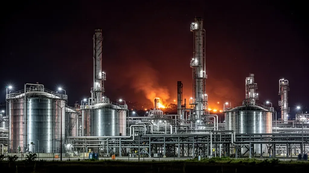 Промышленные резервуары и колонны нефтеперерабатывающего завода ночью на фоне зарева