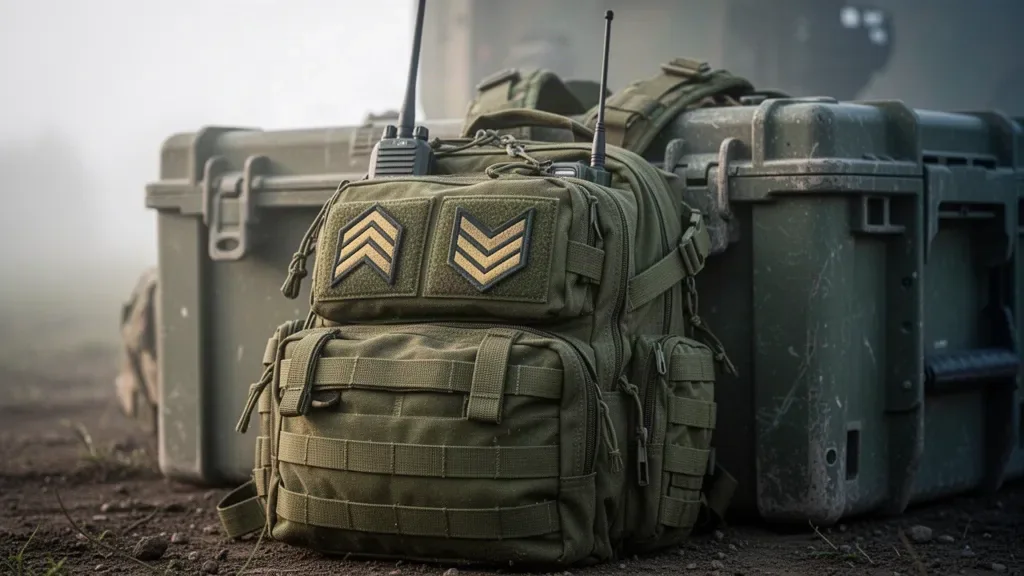Військовий шеврон і тактичний рюкзак крупним планом біля польової карти