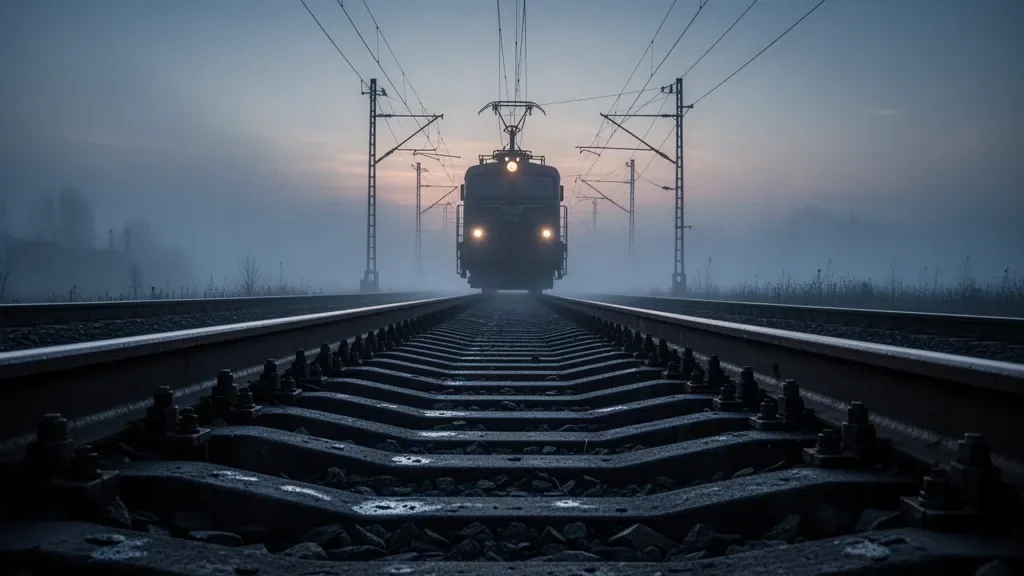 Залізничні колії та силует вантажного електровоза у вечірньому тумані