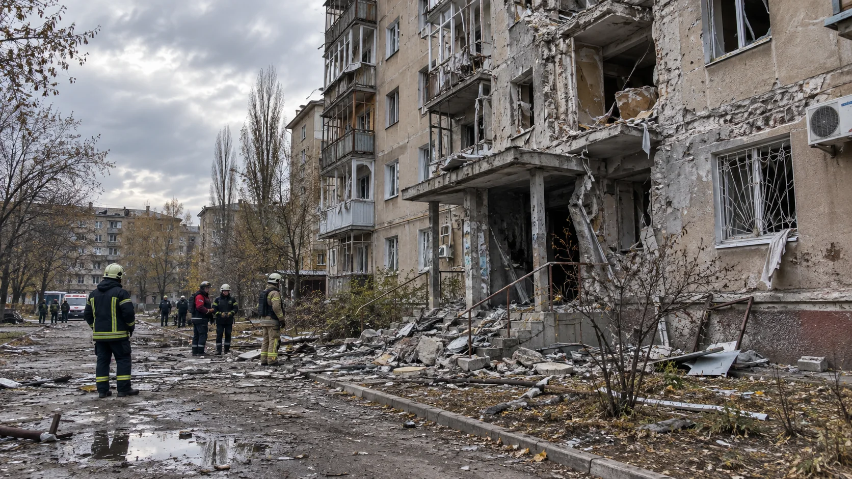 ШІ-ілюстрація: рятувальники оглядають пошкоджений багатоквартирний будинок у вигаданому міському середовищі
