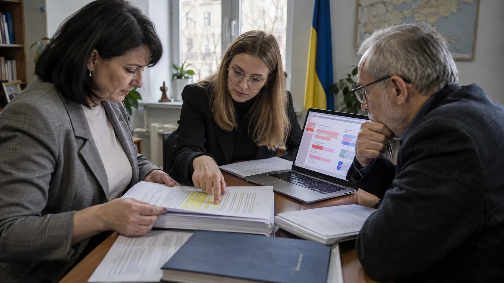 Троє членів академічної комісії порівнюють дисертацію з результатами перевірки на ноутбуці