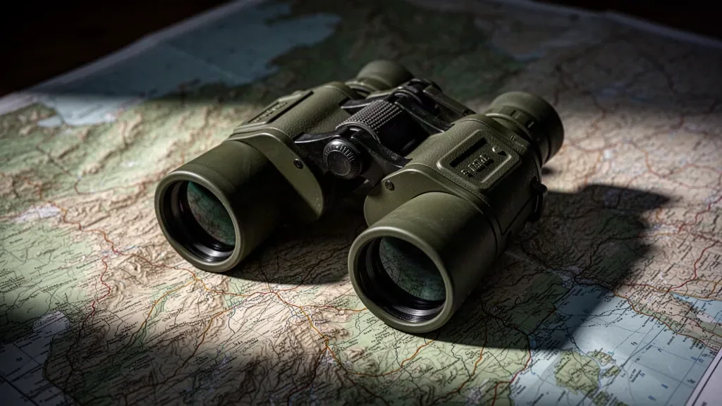 Военный бинокль и развернутая топографическая карта на штабном столе