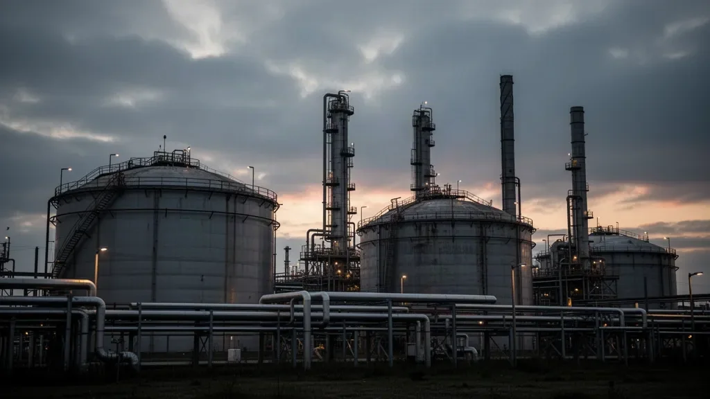 Металлические трубы и резервуары нефтеперерабатывающего завода на фоне вечернего неба