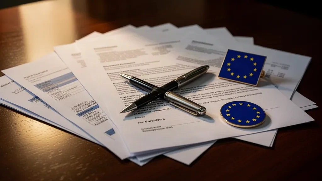 Будівля європейської фінансової інституції з прапорами Євросоюзу та документами