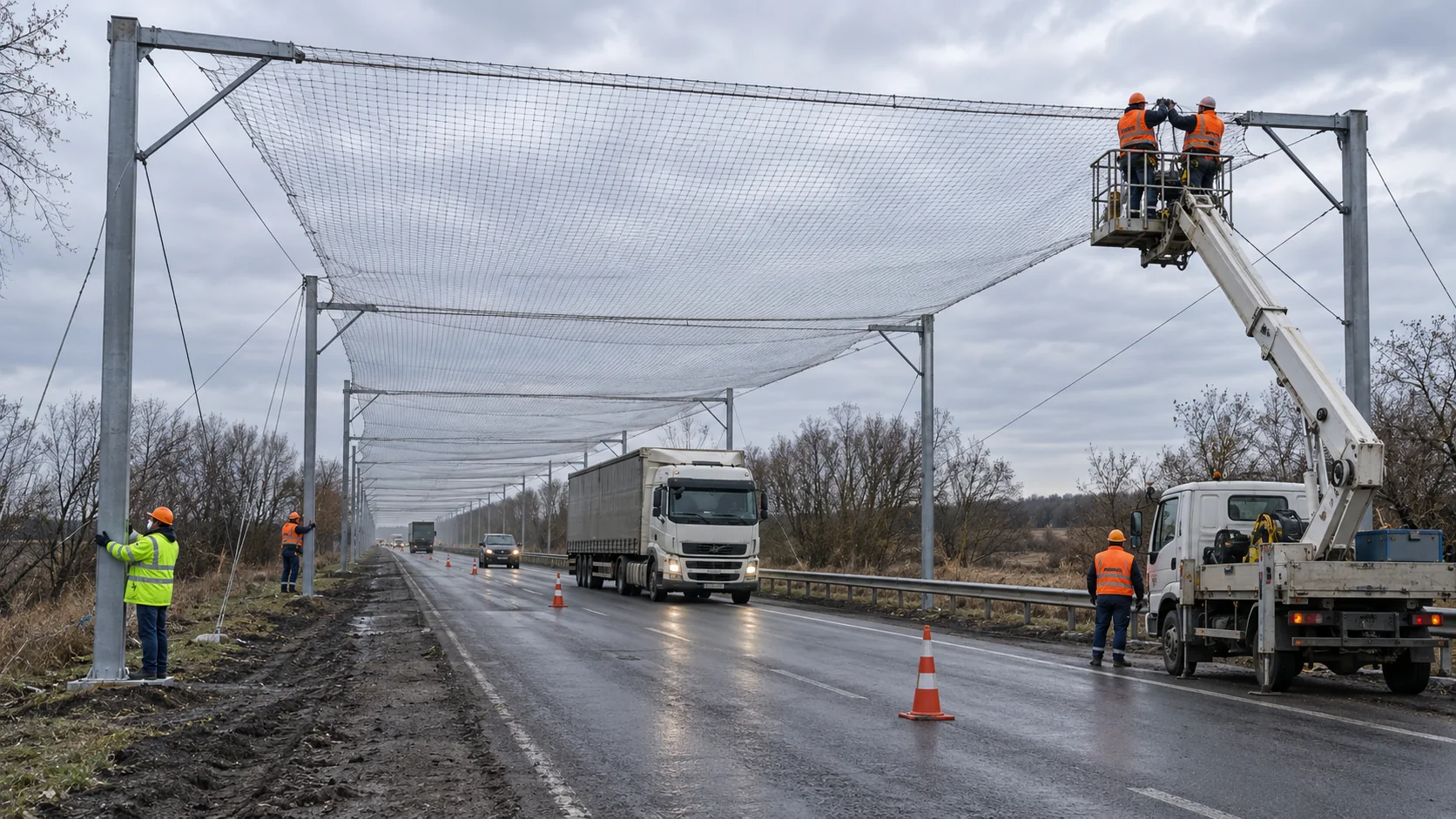 Дорожные рабочие монтируют защитную сетку над автомобильной трассой