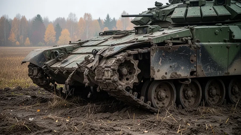Брошенная поврежденная военная гусеничная бронемашина на грунтовой дороге у поля в осеннее время