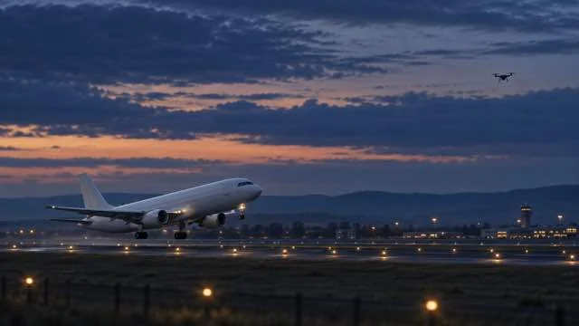Ілюстрація літака під час зльоту та невідомого дрона на відстані у вечірньому небі