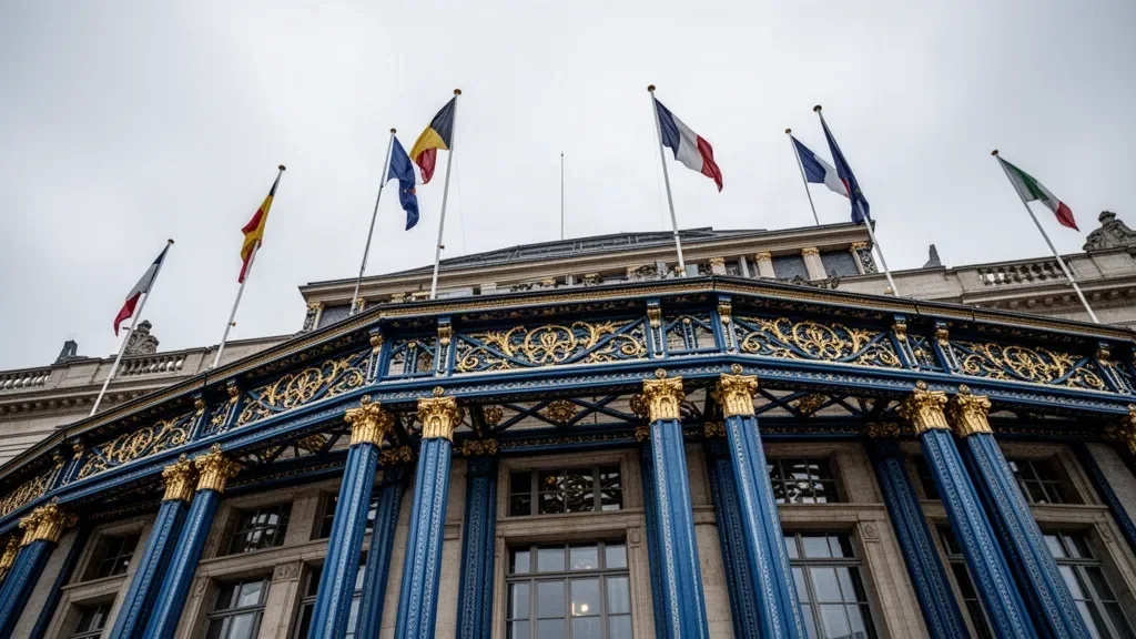 Будівля залу засідань Парламентської асамблеї Ради Європи у Страсбурзі з прапорами європейських держав