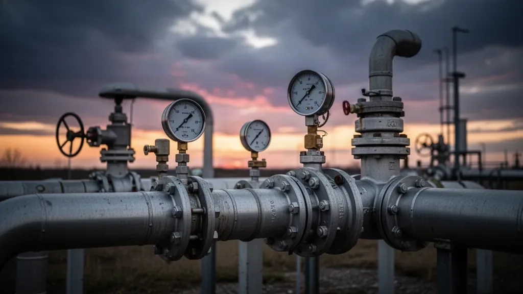 Індустріальні труби та клапани газорозподільного вузла на фоні вечірнього неба