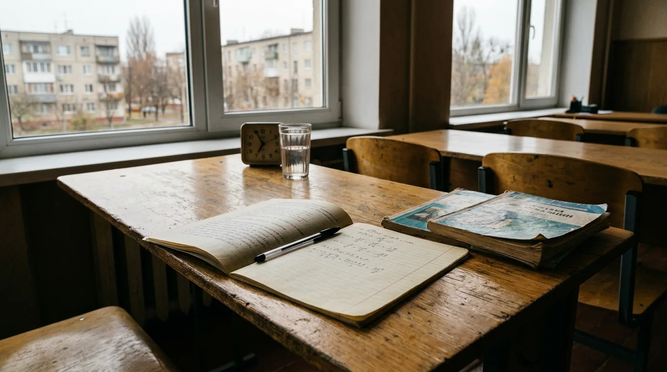 Ілюстрація: відкритий зошит, ручка та книги на дерев'яній шкільній парті