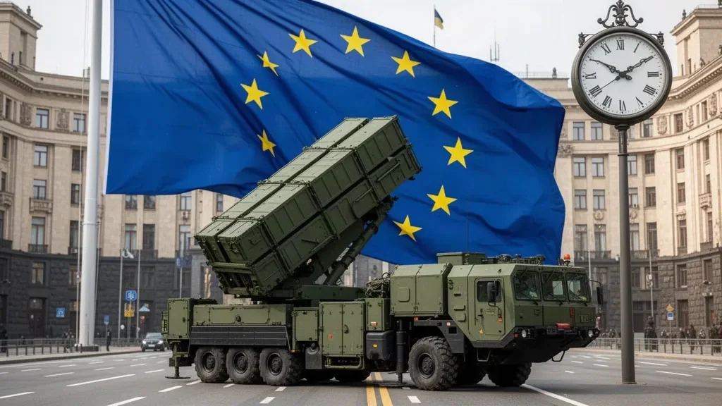 Ілюстрація пускової установки протиповітряної оборони на тлі прапора Європейського Союзу