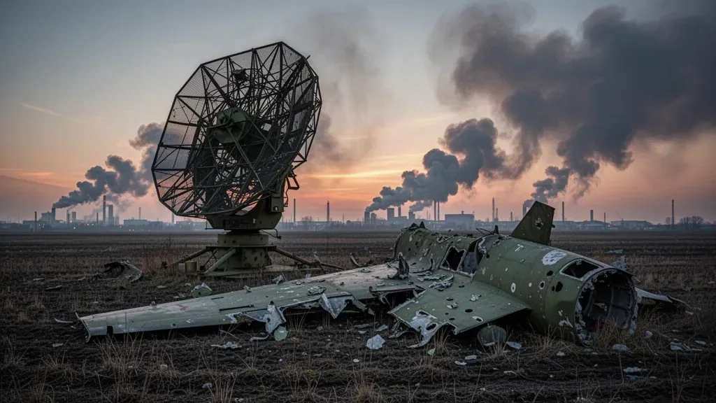 Обломки военной техники и силуэты авиации на фоне задымленного неба