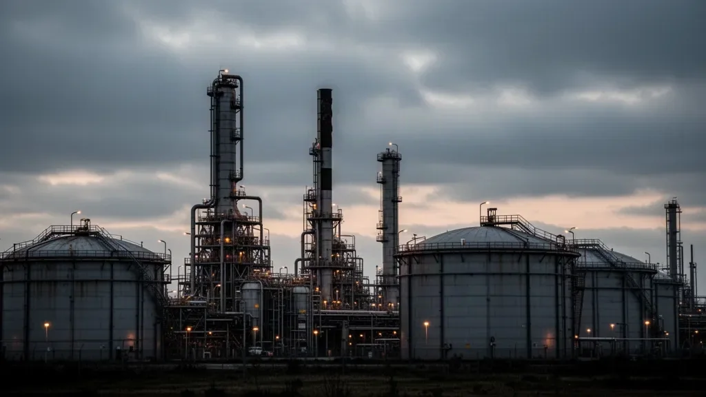 Колонны ректификации и резервуары нефтеперерабатывающего завода на рассвете