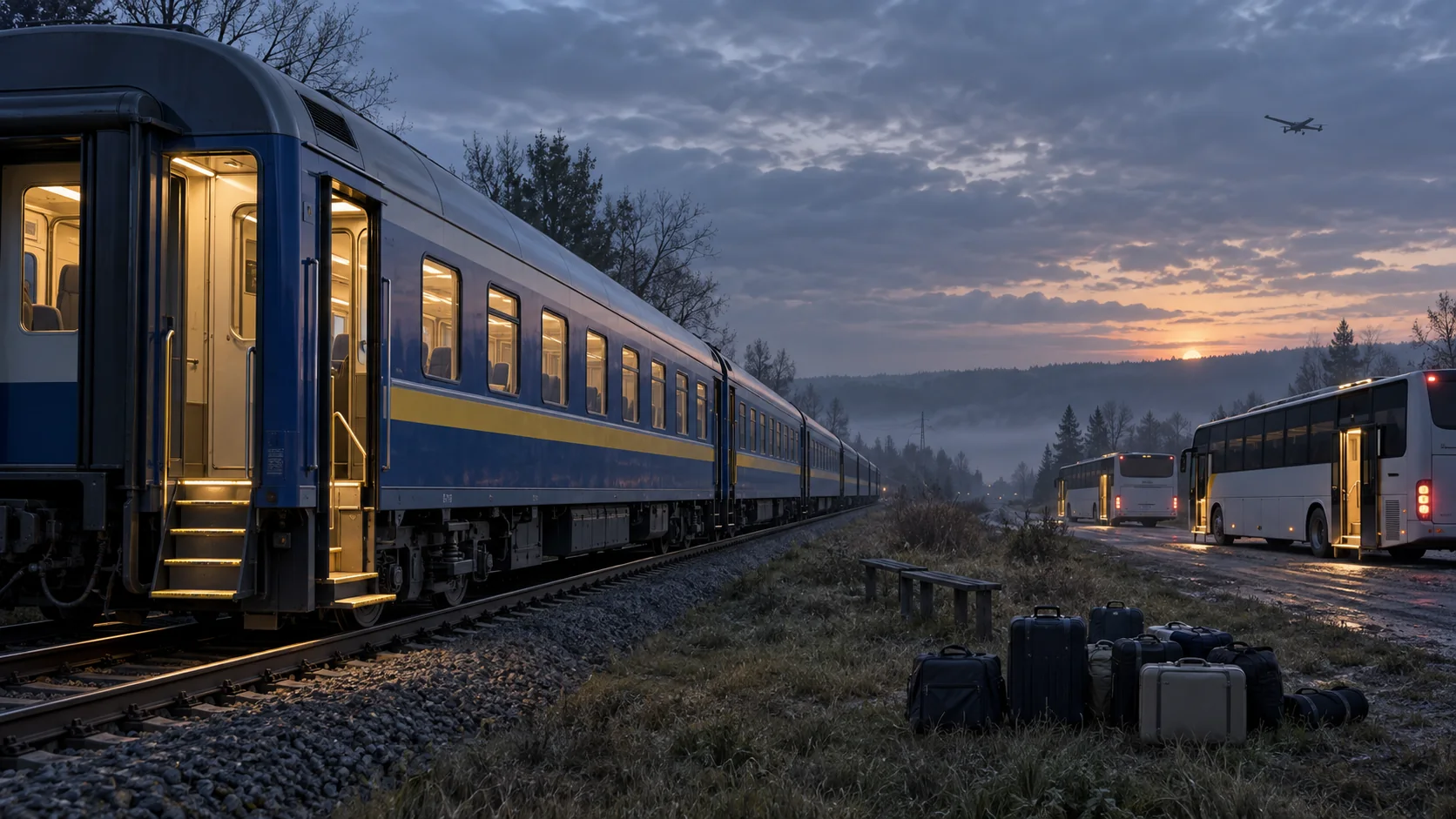 Пасажирський поїзд і автобуси під час організованої евакуації