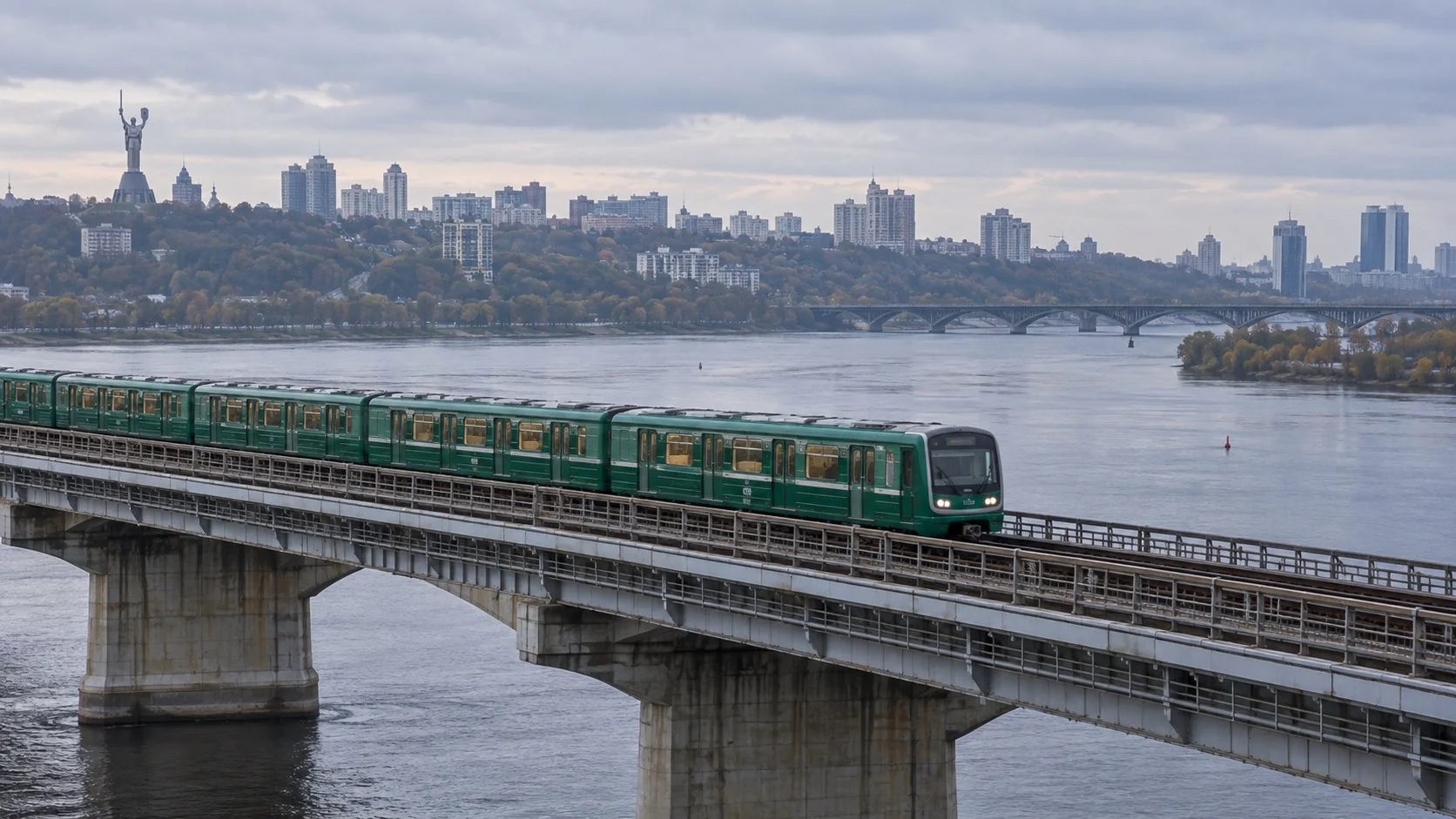 Зелений поїзд київського метро рухається мостом над Дніпром на тлі міської панорами