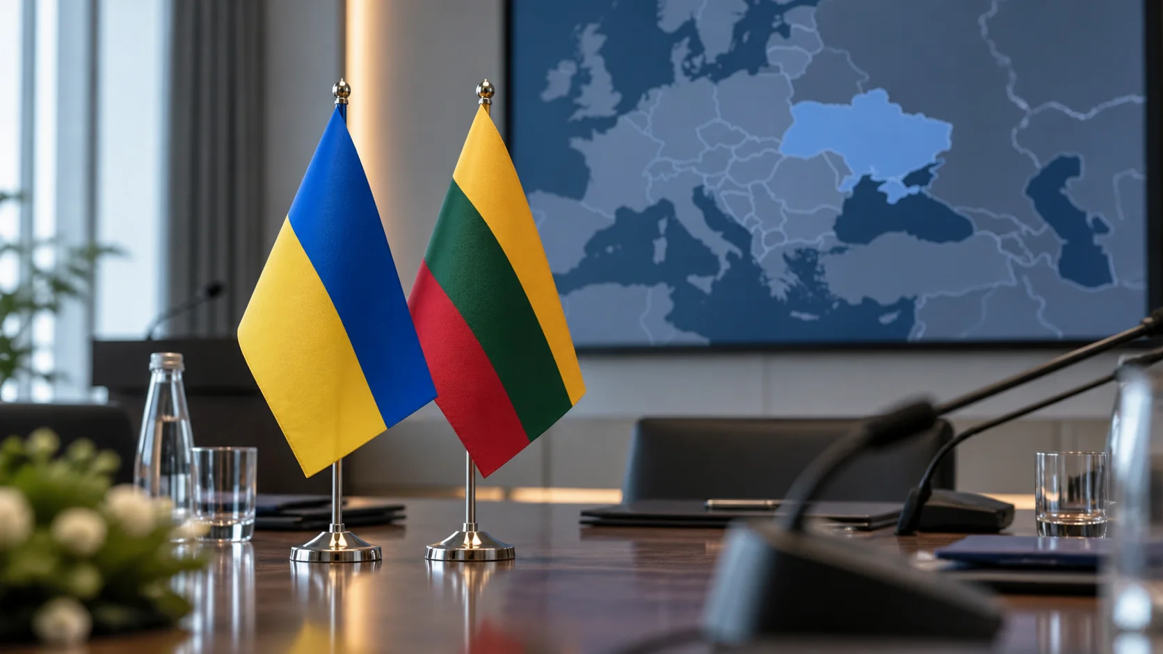 Прапори України та Литви на столі у залі дипломатичних переговорів