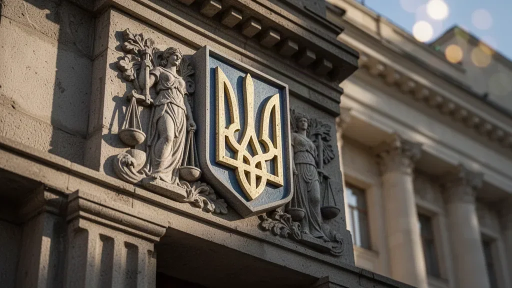 Здание Офиса генерального прокурора и герб Украины крупным планом у входа