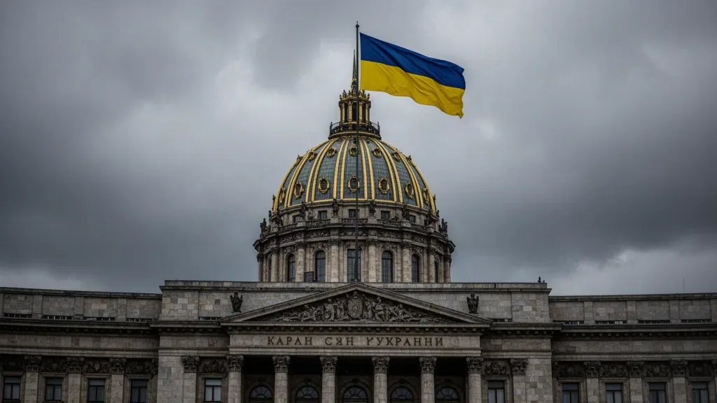 Будівля Верховної Ради України з прапором на фоні хмарного неба