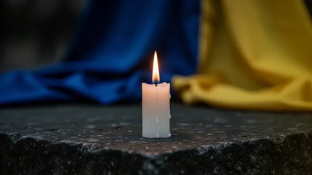 Засвічена поминальна свічка на фоні складеного синьо-жовтого прапора пам'яті полеглих захисників