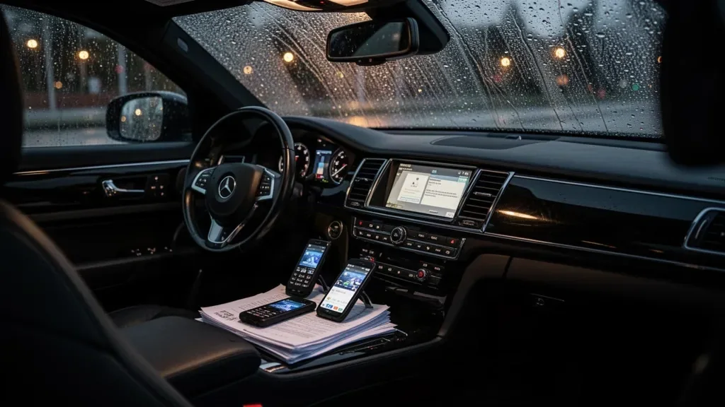 Службовий чорний автомобіль та смартфони на панелі приладів під час негласного спостереження