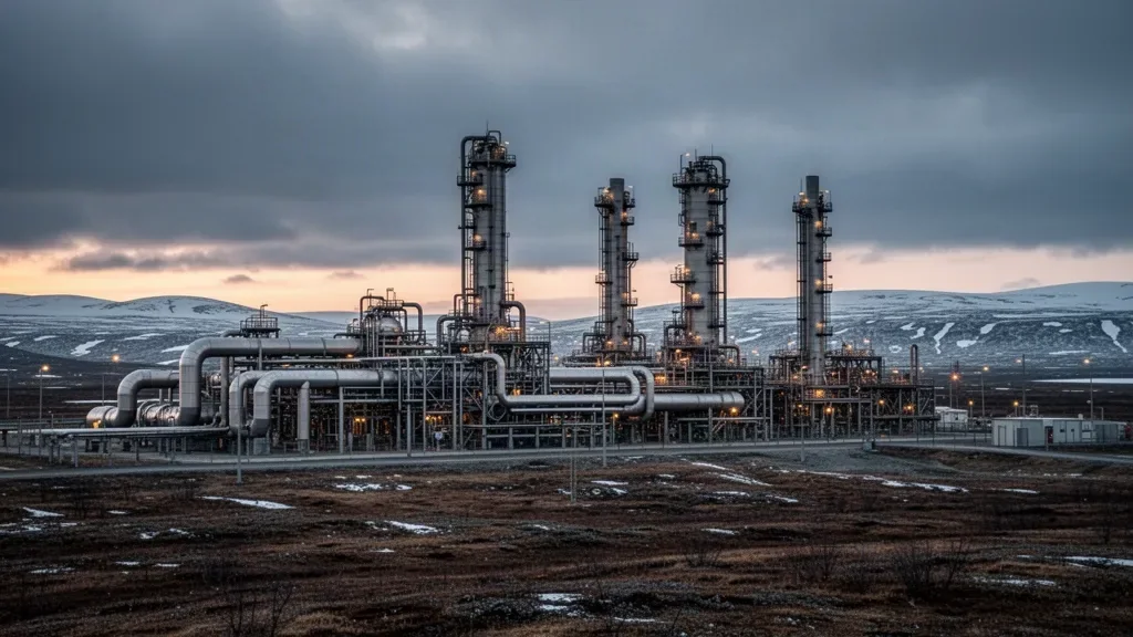 Промислові газові колони та труби переробного заводу в сутінках північного краєвиду
