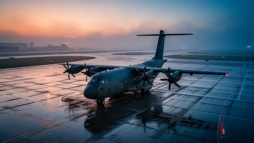 Военный транспортный самолет на открытой бетонированной площадке в сумерках
