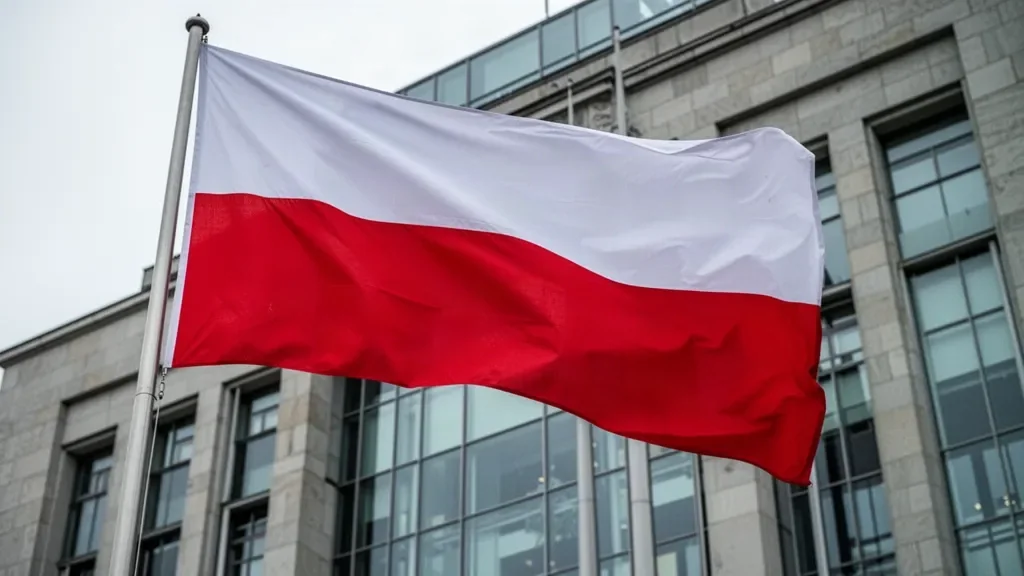 Флаг Польши развевается на фоне современного правительственного здания в Варшаве