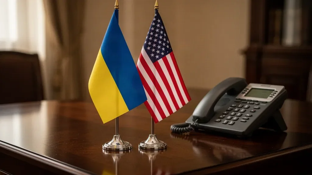 Телефонная трубка и флаги Украины и Соединенных Штатов Америки
